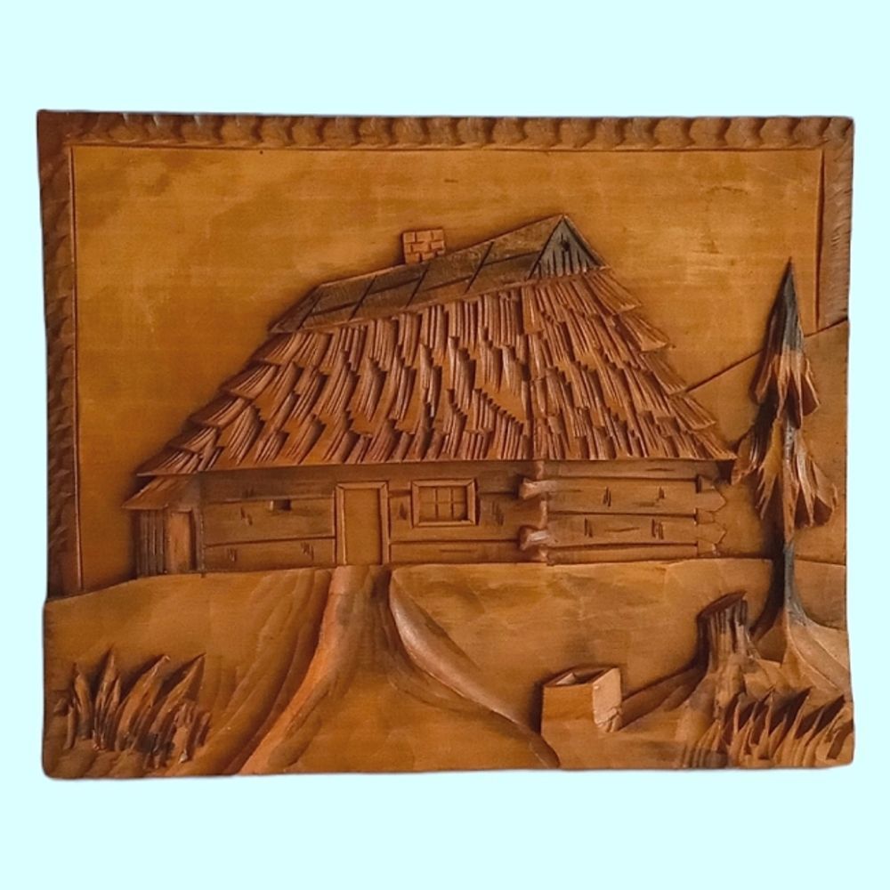Hand Carving Hand Signed Hut with Landscape in Olive Wood from Jerusalem